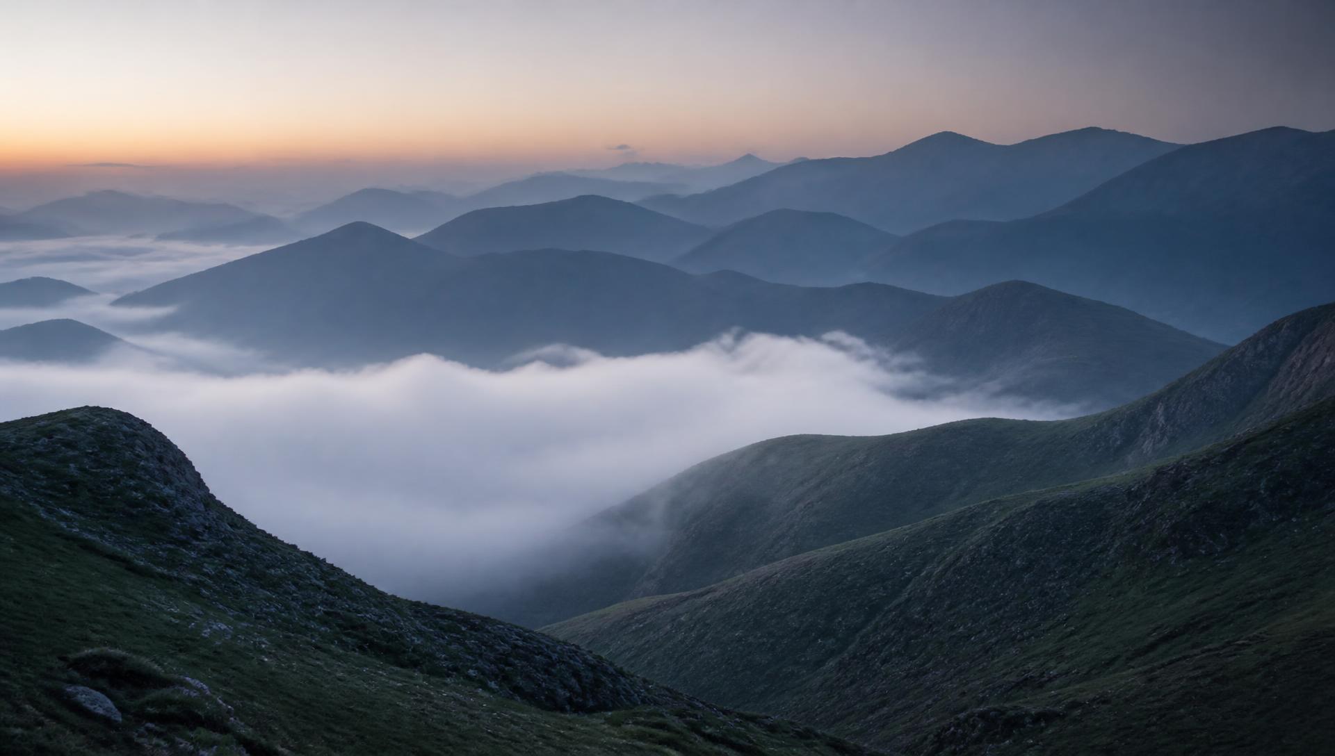 Valle del macizo de Aizkorri al amanecer con niebla entre las laderas